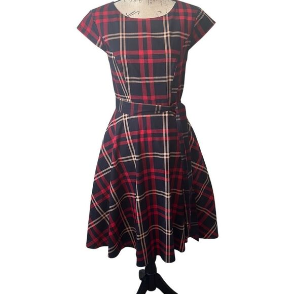 PUKAVT Plaid Red Blue 1950’s Boat Neck Retro Flair Dress M - Picture 1 of 10